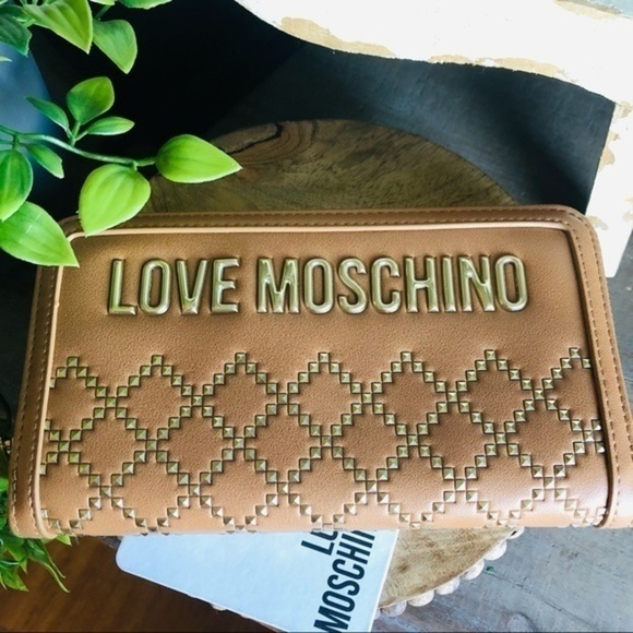 Love Moschino Studded Continental Wallet Tan Gold Hardware Leather Nwt